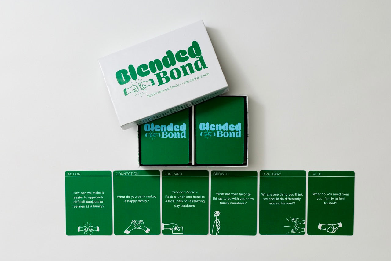 AVAILABLE NOW BLENDED BOND FAMILY GAME box and cards designed for blended families to improve connections.