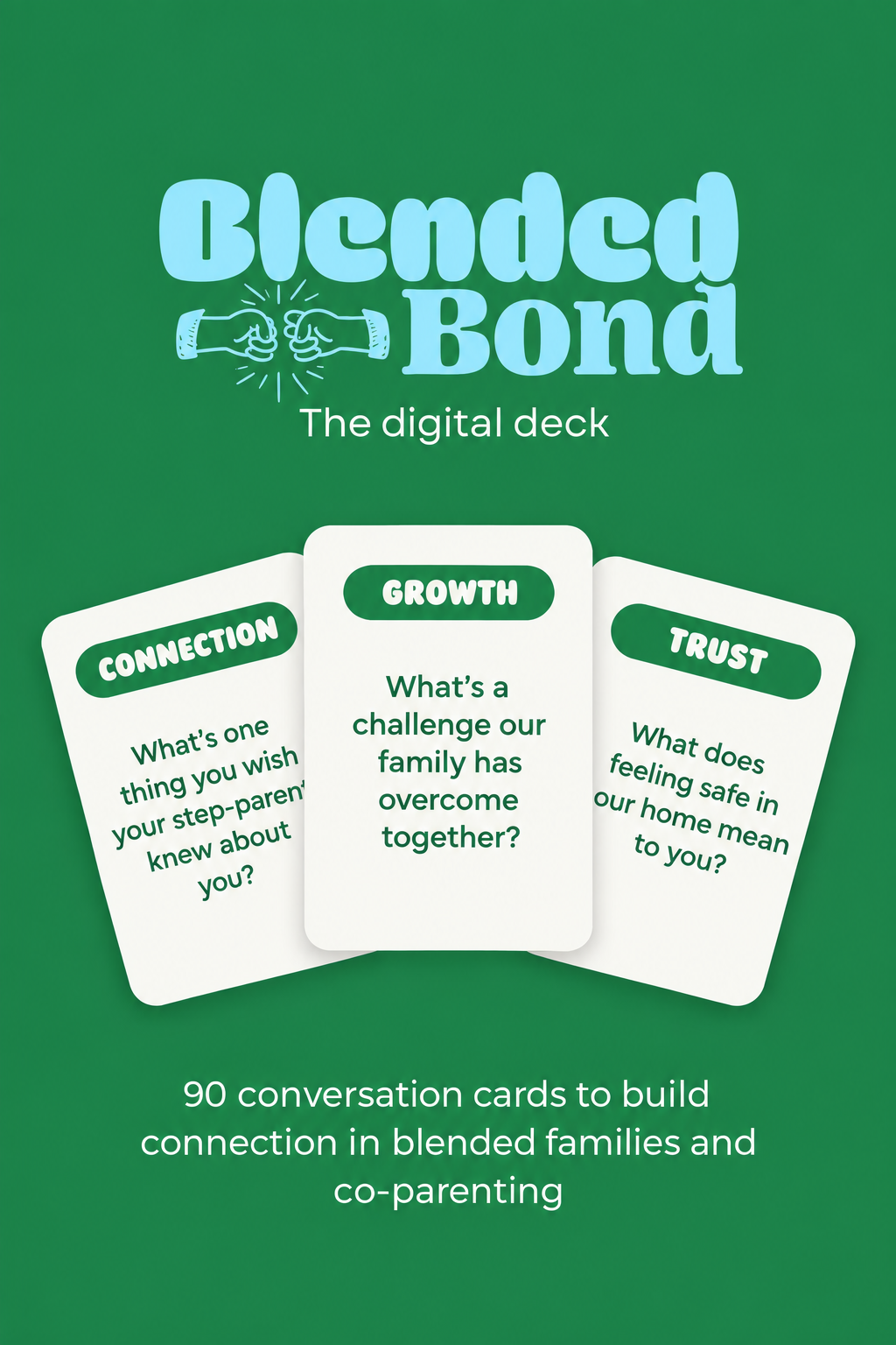Blended Bond digital conversation cards showing sample prompts from Connection, Growth, and Trust.